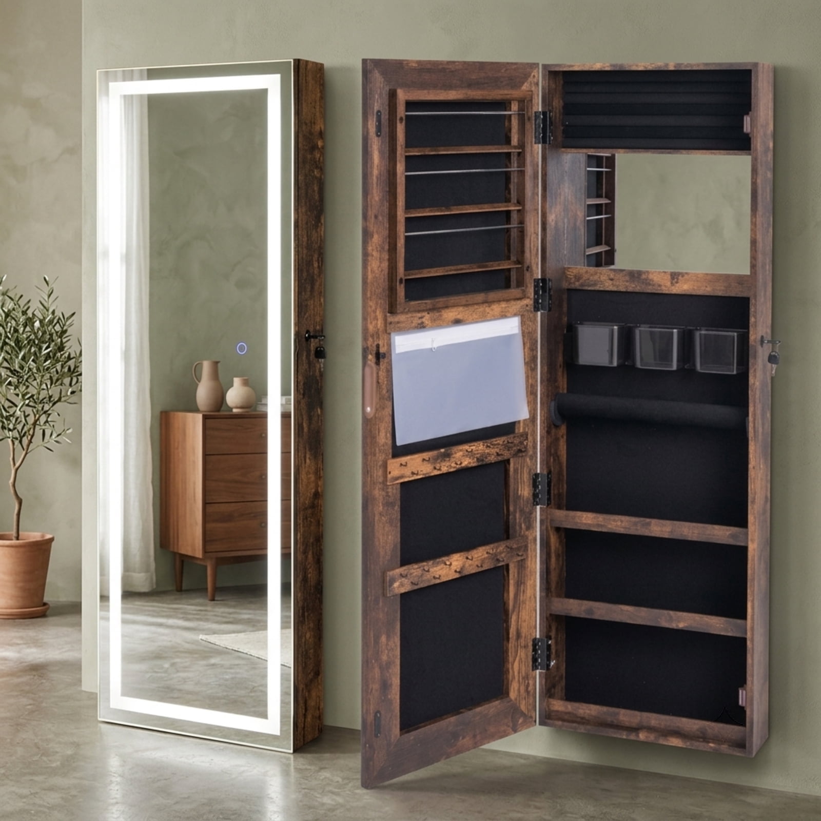 Furnibear Mirrored Jewelry Armoire with Full Length Mirror and 2 Internal LED Lights for Bedroom Dressing Room Jewelry Necklace Rings, Rustic Brown