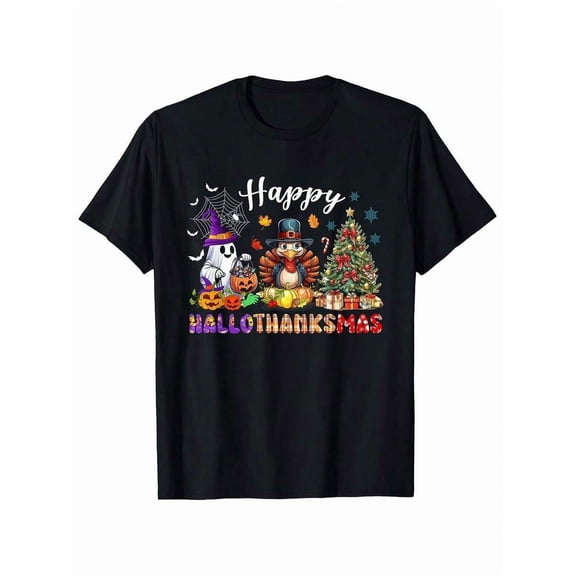 Men's Happy Hallothanksmas T-Shirt - Halloween Thanksgiving Christmas Combo Part
