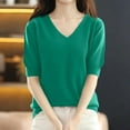 thumbnail image 2 of Nisorays Women Short Sleeve Sweater Summer V Neck Dressy Casual Soft Knit Pullover Tops Trendy Green 2XL, 2 of 5