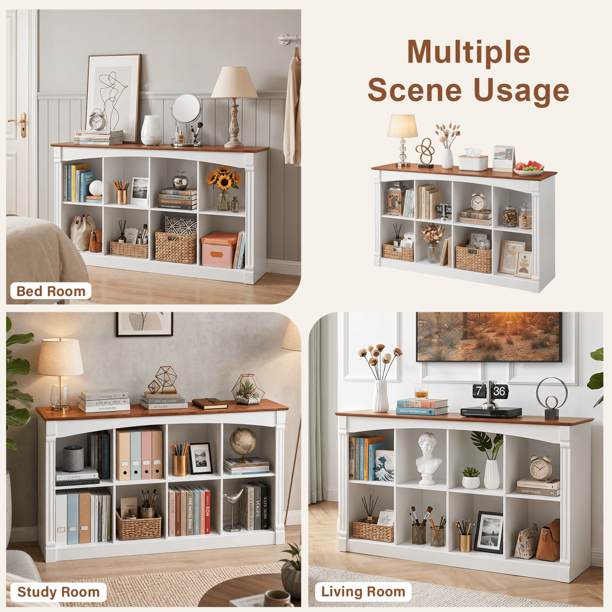 Leumius 8-Cube Storage Organizer, Two-Tone Wood 2-Tier Cube Bookcase with Decorative Moldings, Horizontal Open Cubby Display Shelf Unit, Low Bookshelf Console Table for Living Room, Bedroom, Office