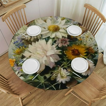

Ullo0ord Watercolor Flowers Daisy Theme Round Fitted Tablecloth with Elastic Edge Waterproof Wipeable Oil-Proof Stain-Resistant Table Cover Fits for Home Decor Kitchen Party Tablecloth 38 -42