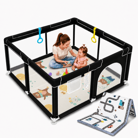 47.2" × 47.2" Baby Playpen with Non-Slip Play Mat and Storage Bag, Indoor & Outdoor Playpen with Door, Portable Baby Activity Center, Black