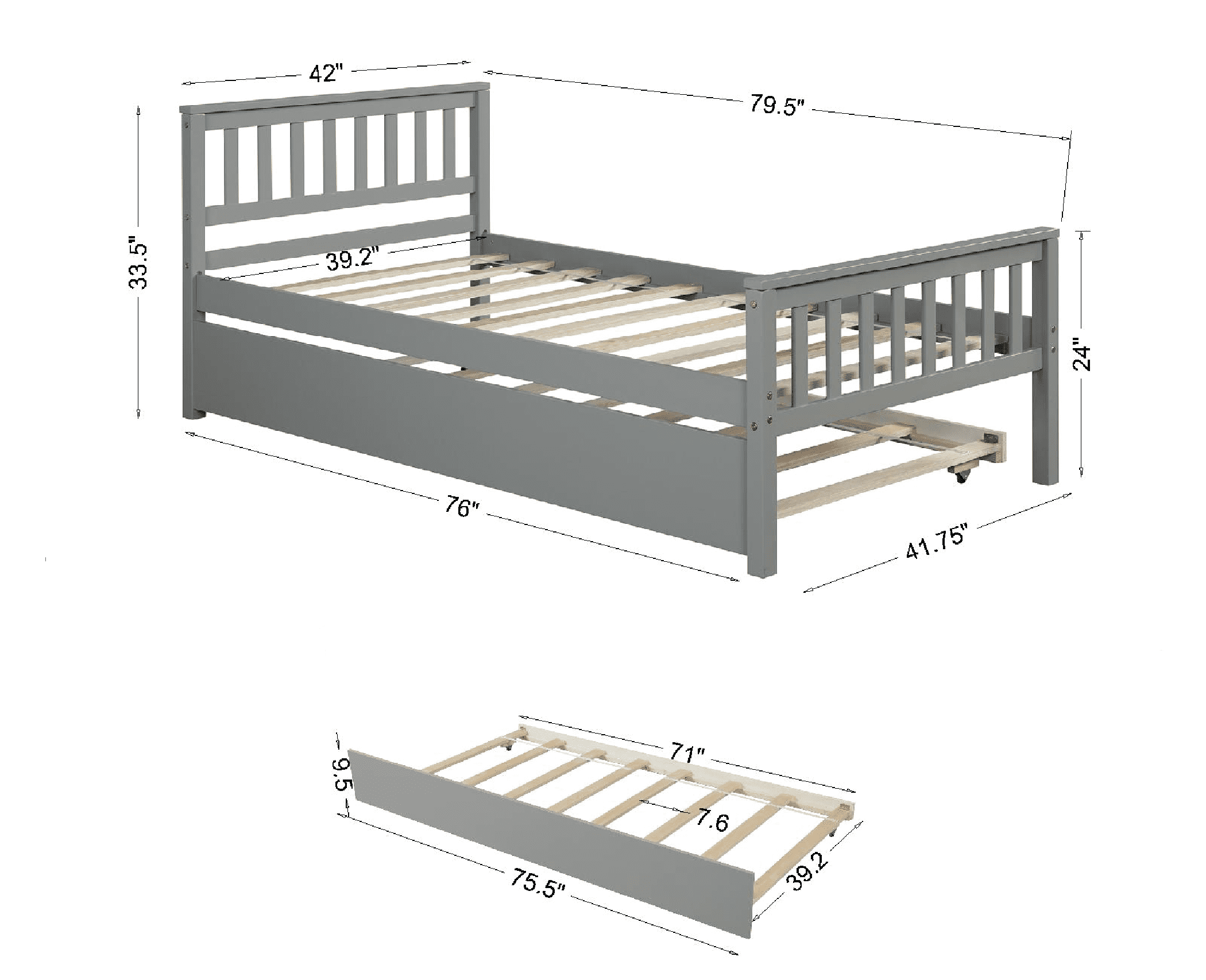 Sailvan Twin Bed with Trundle, Solid Wood Platform Bed Frame with Headboard, No Box Spring Needed Grey