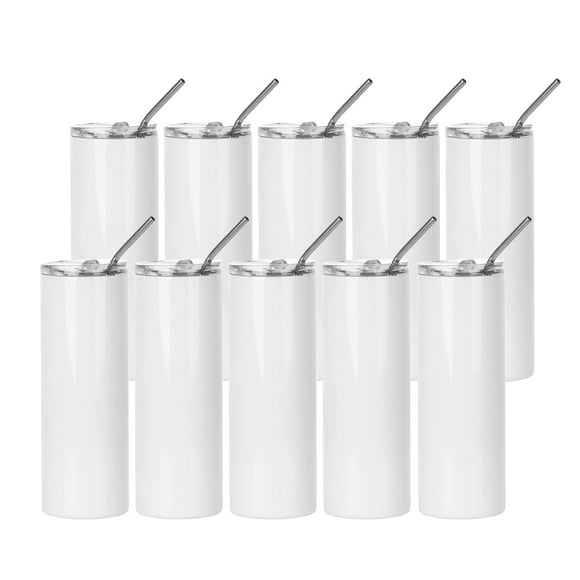 PYD Life Lot de 10 Gobelets de Sublimation en Vrac 20 OZ Gobelets en Acier Inoxydable Blanc Mince avec Paille et Couvercle pour Tasse Presse à Chaud Sublimation