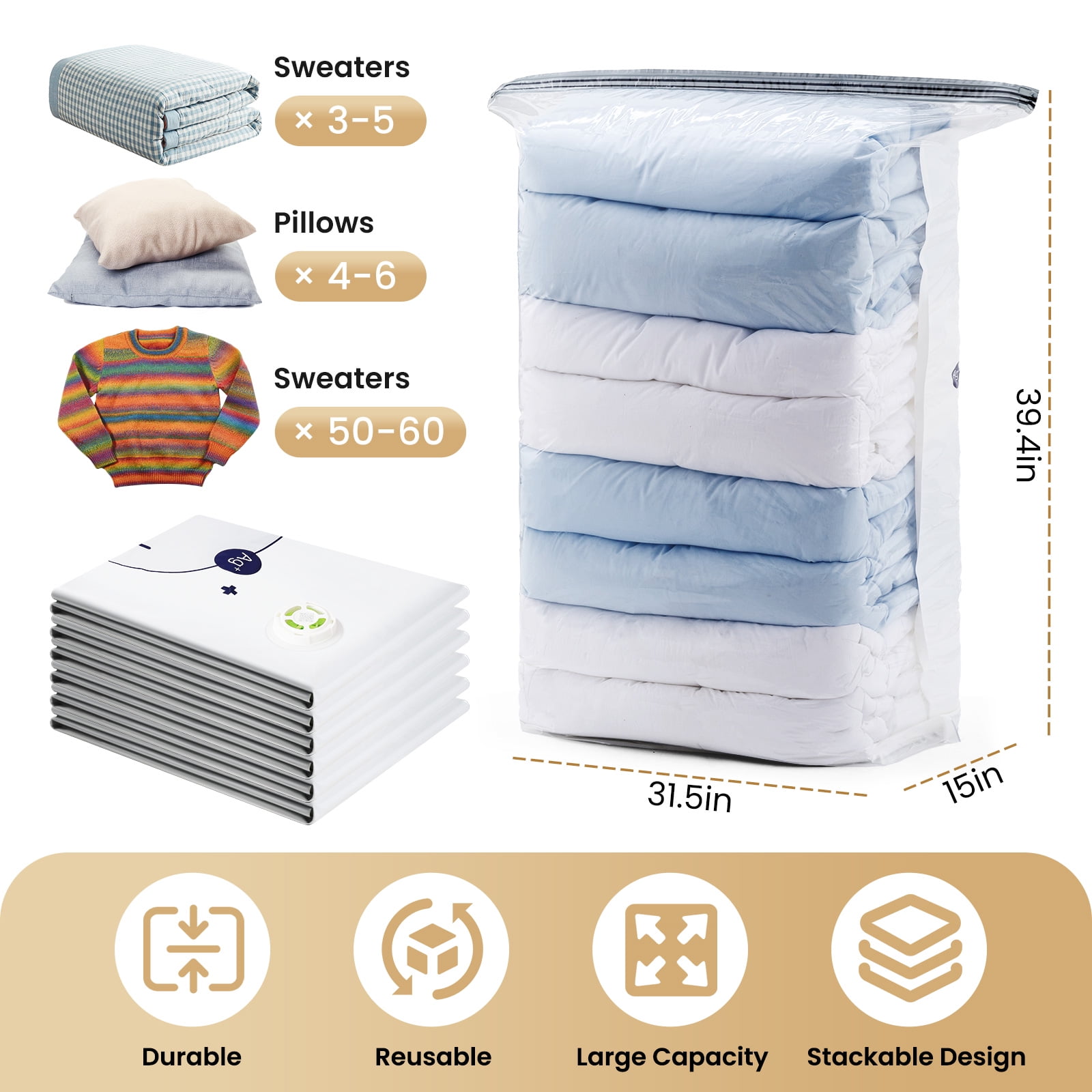 TAILI Vacuum Storage Bags Jumbo Cube, 6 Pack, 31x40x15 inches, for Clothes Comforters Blankets Bedding