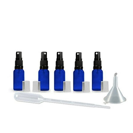 6 Grand Parfums 5ml Cobalt Blue Glass Fine Mist Atomizer Spray Bottles, with Black Mister and Clear Hood, Essential Oil