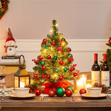 Topeakmart 2 Ft Prelit Tabletop Christmas Tree with 35 LED Warm Toned Lights Red Berries, Green