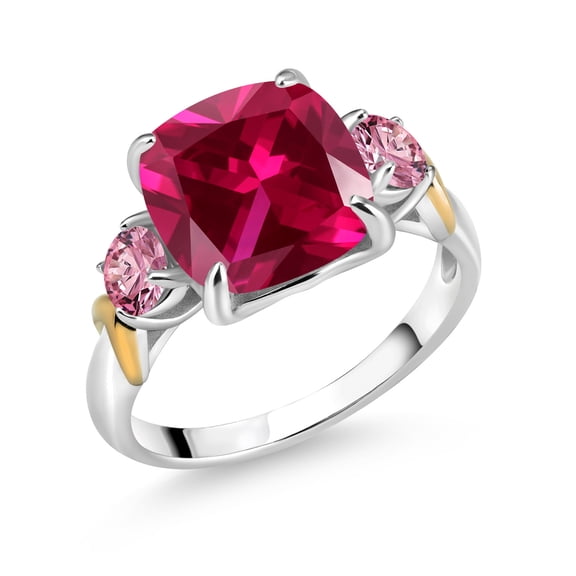 Gem Stone King 925 Silver and 10K Yellow Gold Red Created Ruby and Pink Lab Grown Diamond 3 Stone Ring for Women (5.50 Cttw, Gemstone July Birthstone, Cushion 10MM, Round 4MM, Size 7)