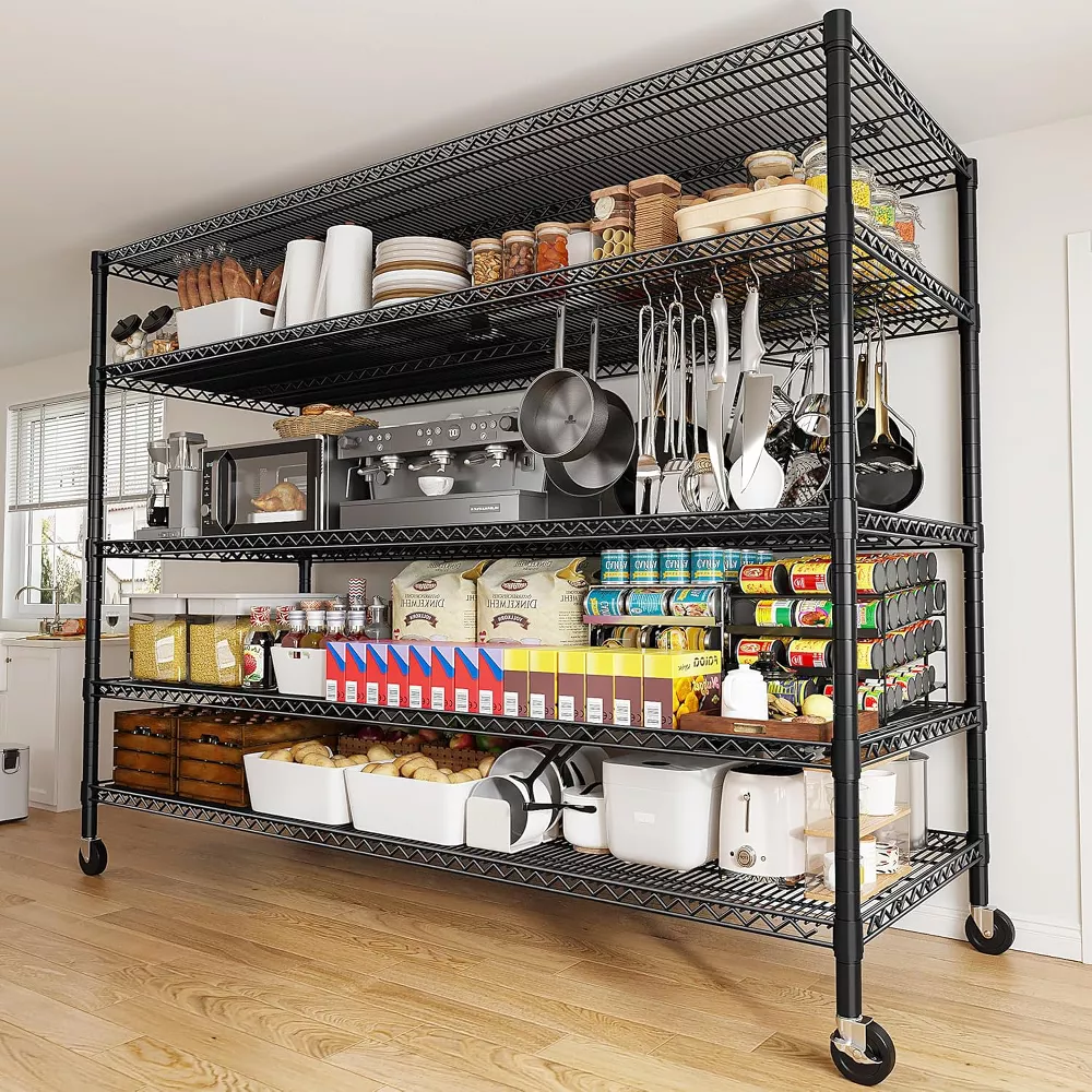 Sailvan 5-Tier Heavy Duty Metal Storage Rack with Wheels, 3000LBS Adjustable Wire Shelving Unit for Garage, Pantry, Kitchen, 18"D x 60"W x 82"H,Black