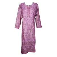 Mogul Women Purple Paisley Print Long Tunic Dress Floral Hand Embroidered Dresses L