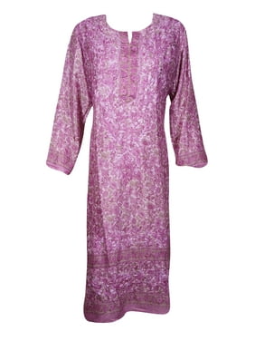 Mogul Women Purple Paisley Print Long Tunic Dress Floral Hand Embroidered Dresses L