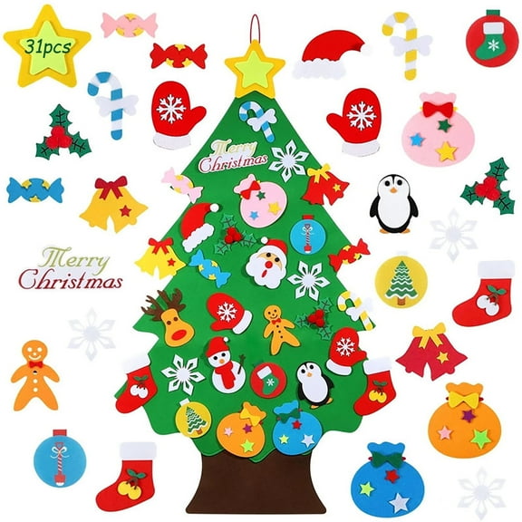 Felt Christmas Tree for Kids, 3.2ft DIY Xmas Tree with 30 Detachable Decorations, Door Wall Hanging Decor