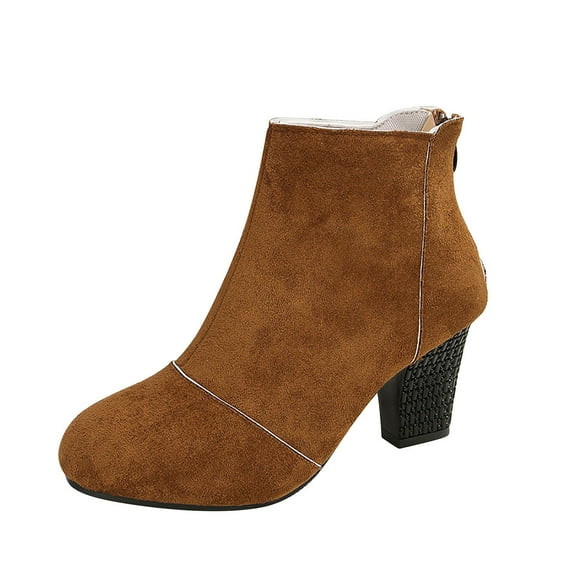 Lovzfmll Wide Calf Boots for Women, Ankle Boots High Heel Round Toe Back Zipper, Block Heel Booties Chelsea Boots Casual Brown Boots