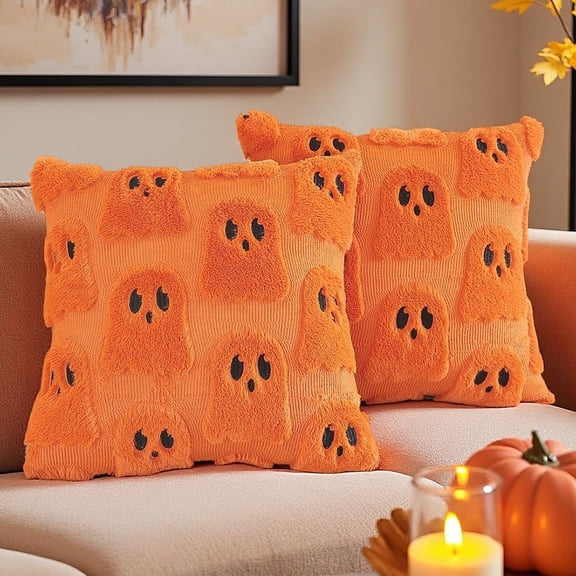 Halloween Ghost Decor Throw Pillow Covers 18x18 inch Set of 2 Soft Plush Faux Fur Pillow Cases Ghost Decorative for Sofa Orange