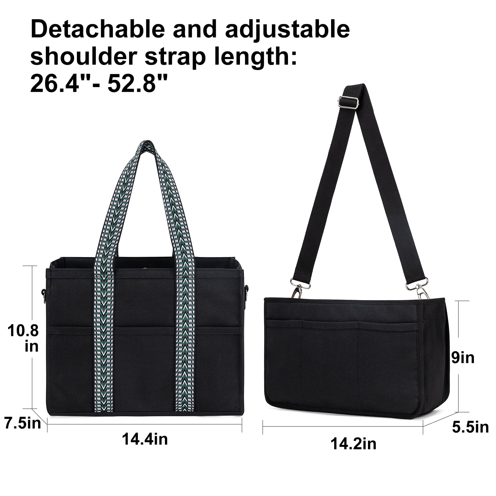 Canvas Tote bag with Multi-Pocket, Kabaqoo Tote Handbag Shoulder Bag with Zipper, Black