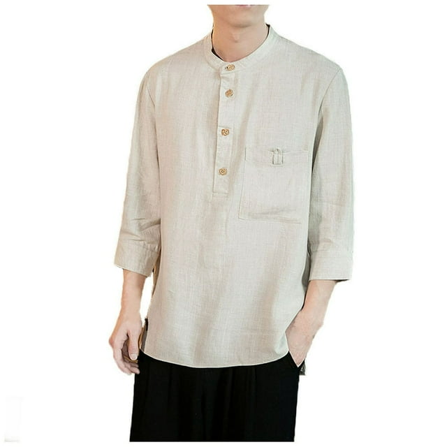 Mens Spring And Autumn Loose Fashion Casual Daily Solid Color 9-sleeve Shirt Top