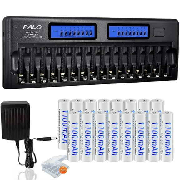 Palogreen 16 Pack Ni-MH Rechargeable AAA Batteries 1.2V 1100mAh with 16 Slot AA and AAA Battery Charger for AA and AAA NiMH NiCD Batteries