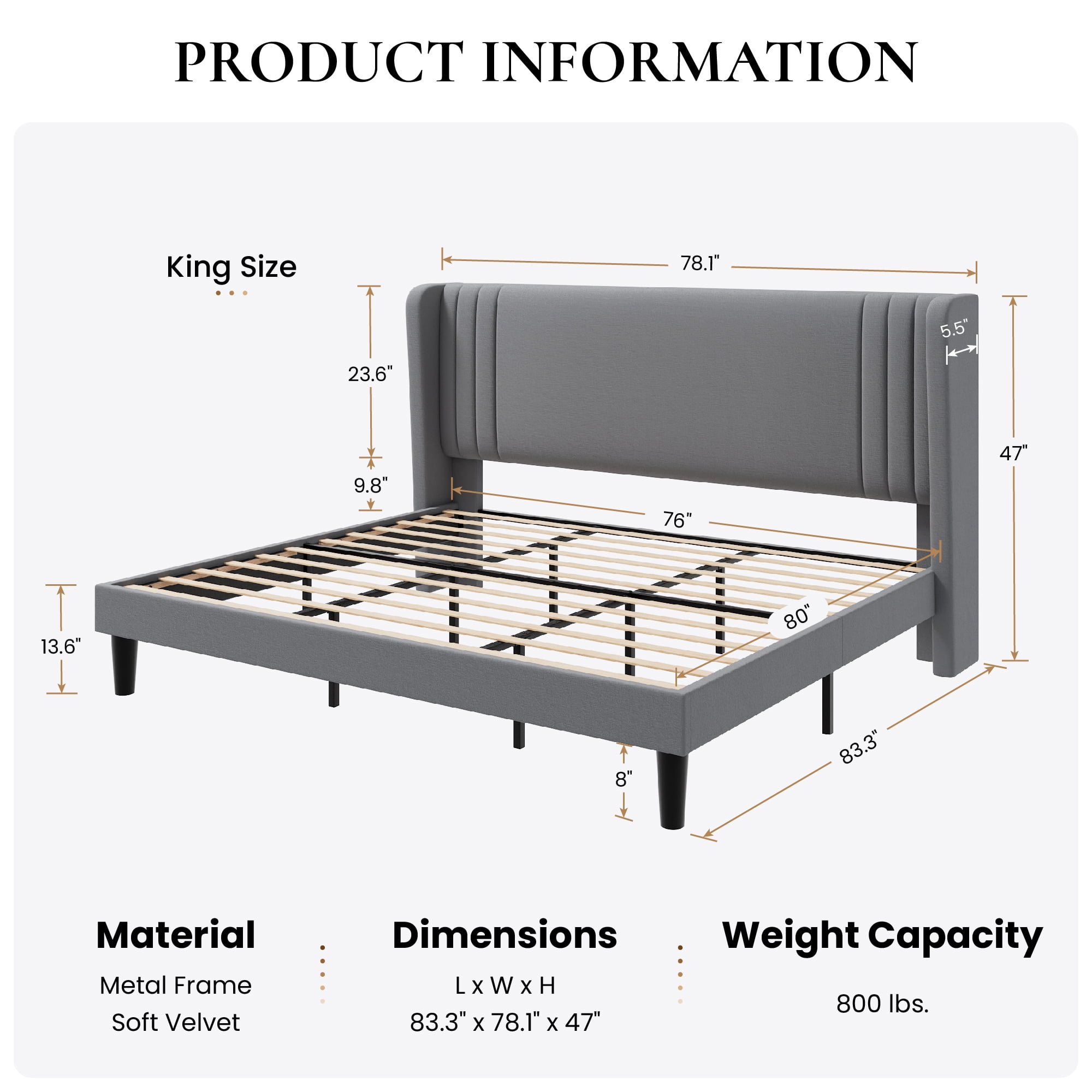 SHA CERLIN King Size Velvet Upholstered Platform Bed Frame with Vertical Channel Tufted Wingback Headboard, Wooden Slats Support, Easy Assembly, Under Bed Storage, No Box Spring Required, Grey