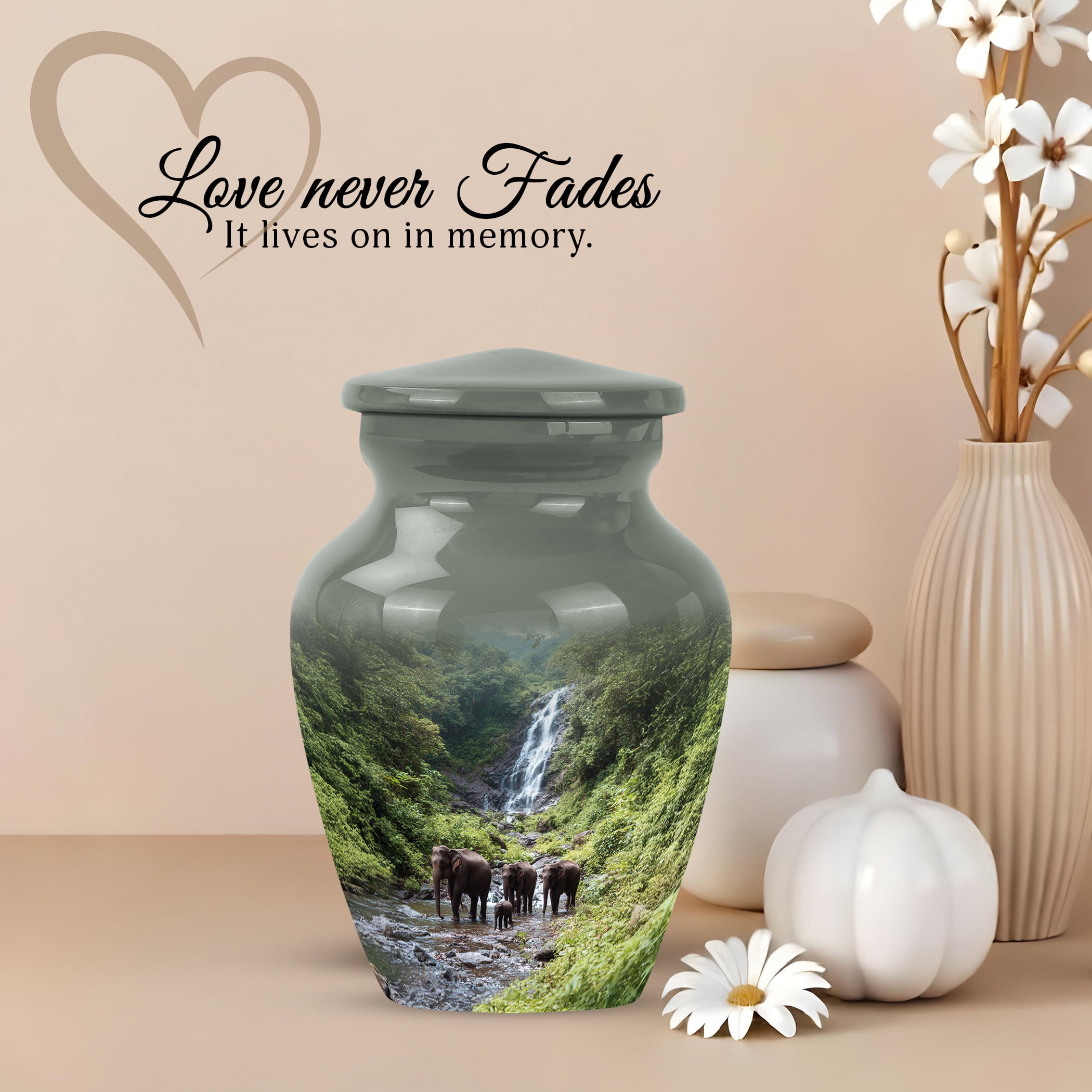JAGSHASHI Elephant Keepsake Sharing Urn – Mini Green Cremation Urn for Human or Pet Ashes – Waterfall Small Memorial Token Urns with Velvet Box & Funnel – Memorial Tribute for Families (Green 3 Inch)
