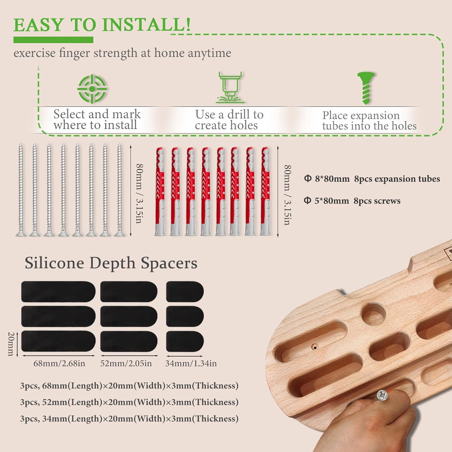 Wooden Hangboard Rock Climbing with Adjustable Spacers for Finger Strength Training