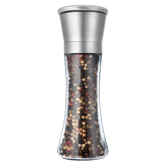 Mincham Pepper Grinder or Salt Grinder, Best Spice Mill with Ceramic Blades, Adjustable Coarseness, Brushed Stainless Steel Cap, and Refillable Tall Glass Body with 6OZ Capacity (7.5" Tall)