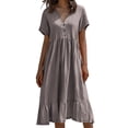 thumbnail image 2 of Warop Women's Short Sleeve Drop Waist Maxi Dress Button V Neck Pleated Loose Flowy Long Dress for Graduation Dress, 2 of 8