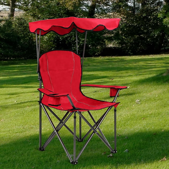Silla de Camping Plegable Costway con Toldo de Sombra y Portavasos Carga 120 kg para Patio Campamento 53,5 x 53,5 x 130 cm Rojo