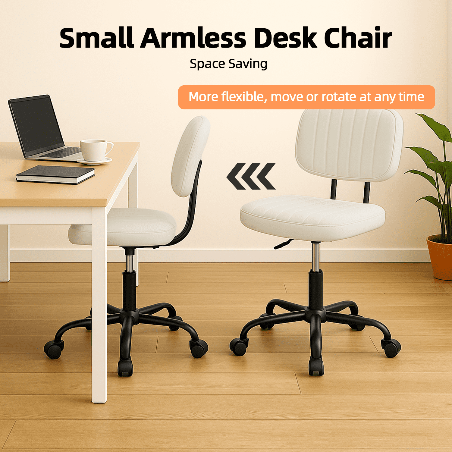 LIFERECORD PU Leather Armless Home Office Desk Chair, Small Ergonomic Task Chair for Adults and Students, Low Back Seating with Swivel, Adjustable Height, Rolling Wheels, White