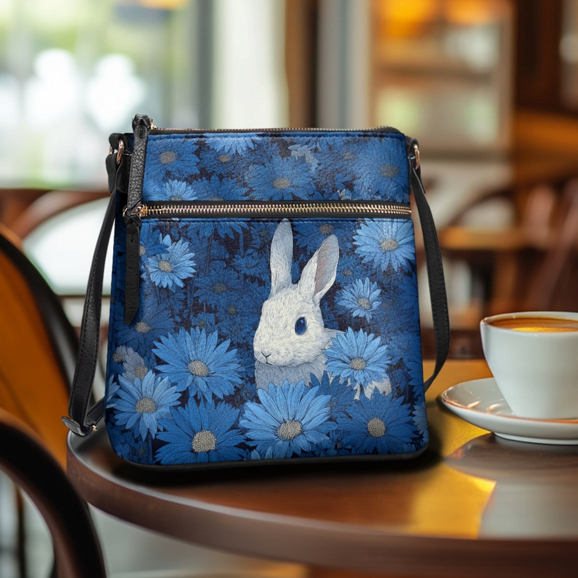 Kuiaobaty Rabbit Daisy Print Crossbody Bag for Women, Cute Sturdy PU Leather Shoulder Bag Crossbody with Adjustable Strap, Lightweight Messenger Handbag for Travel, Blue