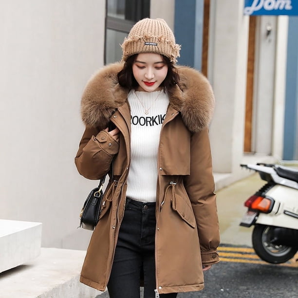 Chaqueta acolchada de algodón gruesa de moda con cuello grande de lana suelta de estilo invernal de largo medio con forro polar para mujer de Parker
