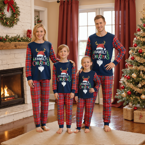 AIGUR Family Christmas Pajamas Letter Print Long Sleeve Tops and Plaid Pants Loungewear Soft Sleepwear