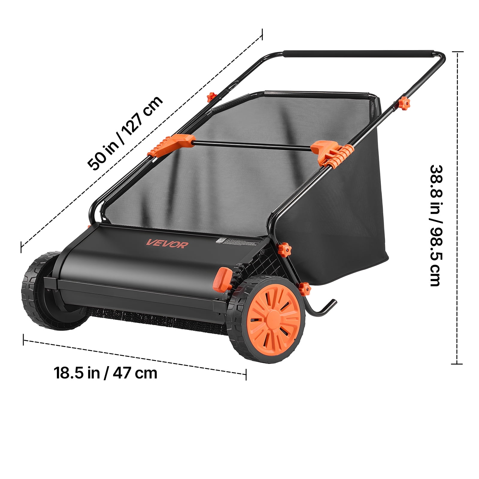 VEVOR Push Lawn Sweeper, 30 in Leaf & Grass Collector with 12 cu. ft. Hopper Bag, Adjustable Brush Height & Spinning Brushes, Heavy Duty Yard Sweeper with Rubber Wheels for Leaves Grass Cleanup