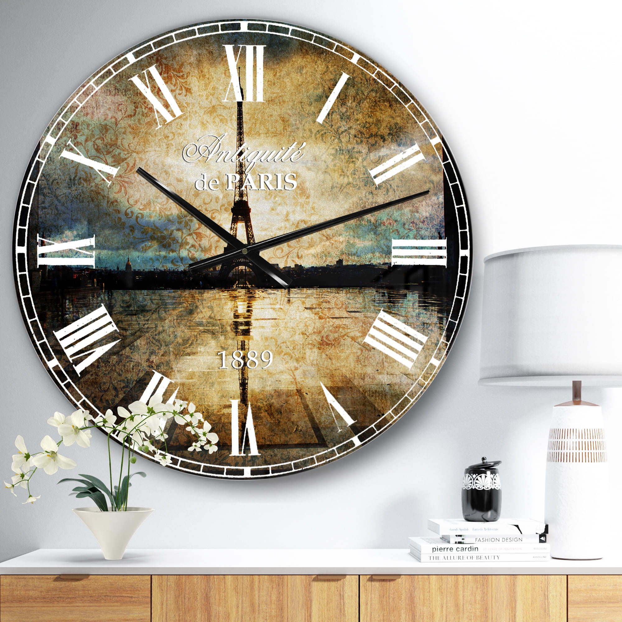 Designart 'Reflection of Paris Eiffel TowerWith Clouds' French Country wall clock