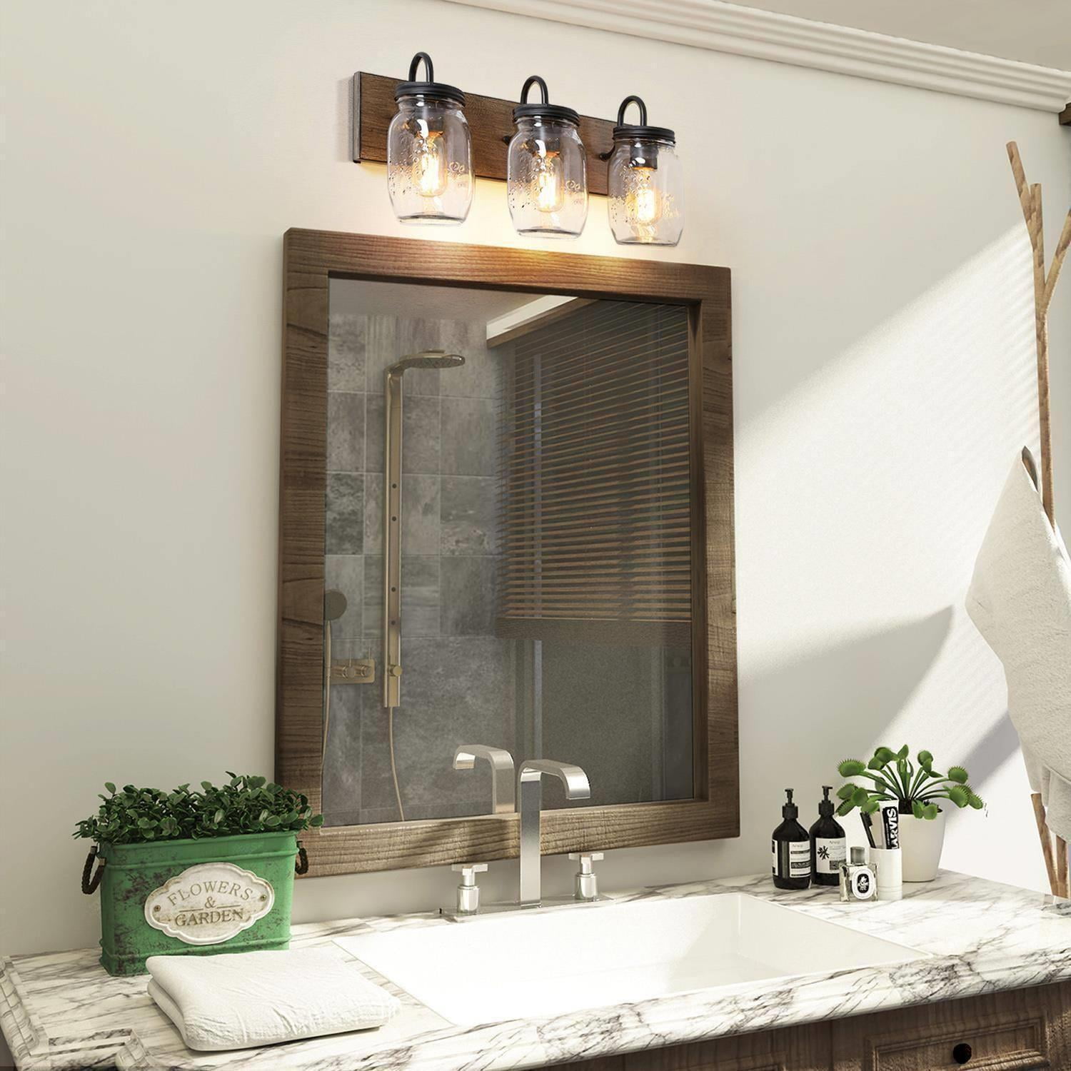 LNC 3-Light Farmhouse Bathroom Light with Mason Jar for Mirror Cabinets, Black Wood
