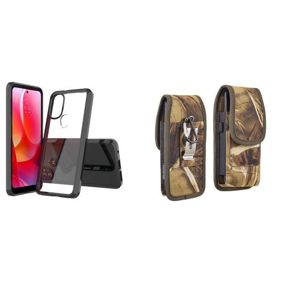 Bemz Case Bundle for Moto G Power 2022 - Fusion Impact Resistant Protection Cover (Black/Clear Back) with Vertical Rugged Nylon Phone Carrying Belt Holster Pouch (Tree Camo)