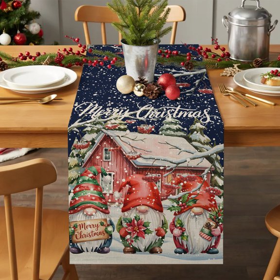 Table Runner 70 Inches Long - Merry Christmas Gnomes Decorative Table Scarf, Vintage Farm Wood Barn Dining Table Runners for Wedding Party Kitchen Dining Tables