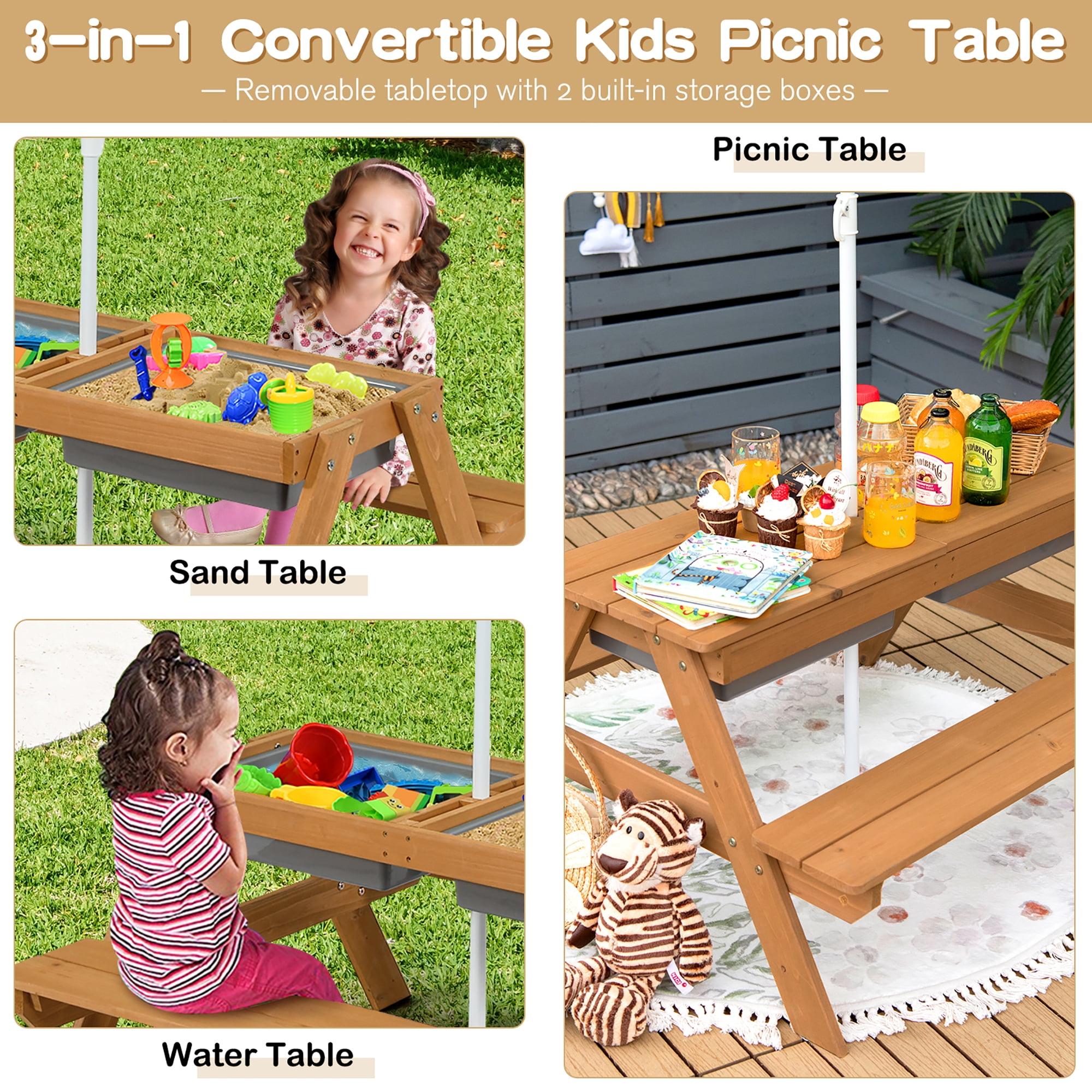 Costway 3-in-1 Kids Picnic Table Wooden Outdoor Sand & Water Table with Umbrella Play Boxes Natural