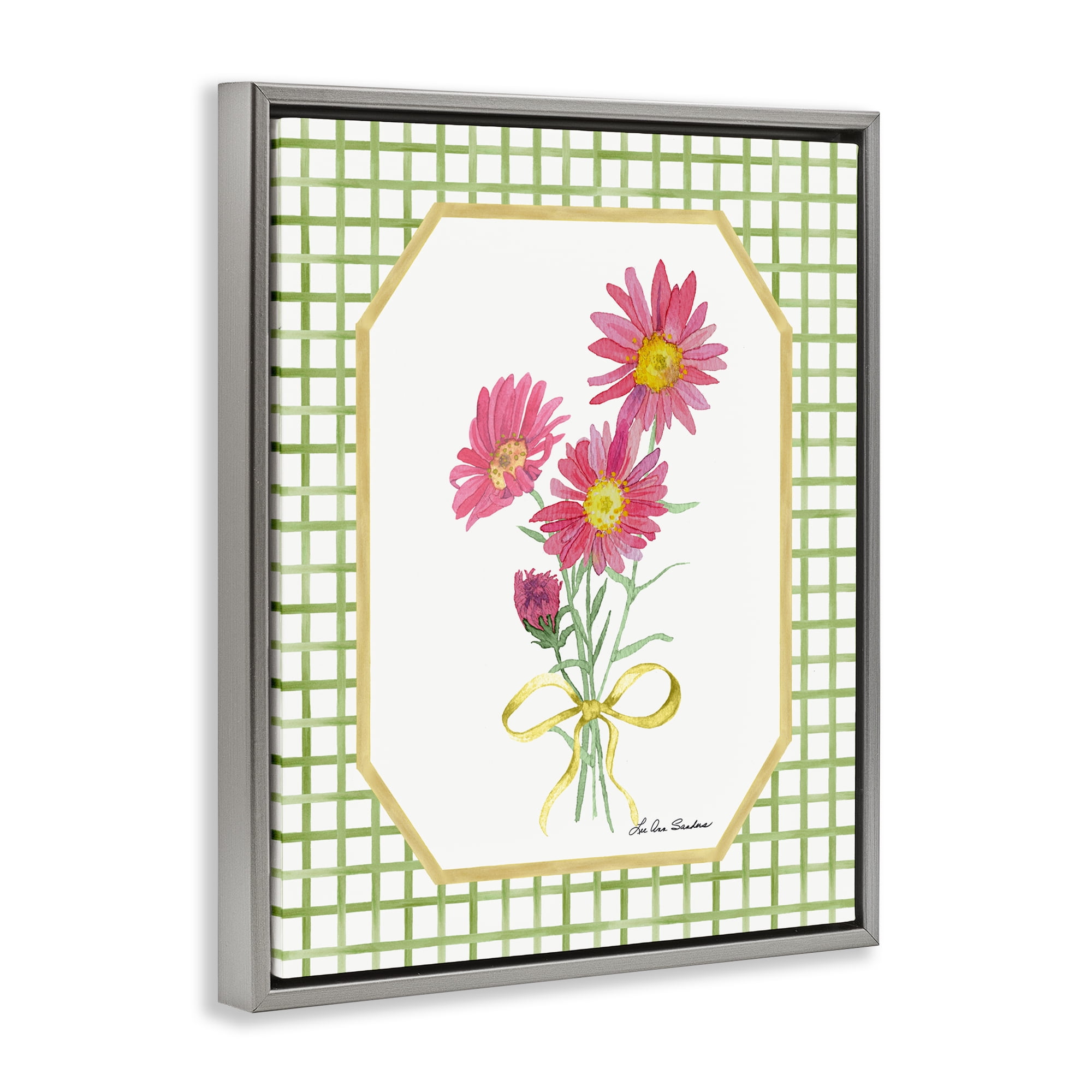 Botanical Story on Gingham Gray Framed Floater Canvas Wall Art, design by Lee Ann Sanders