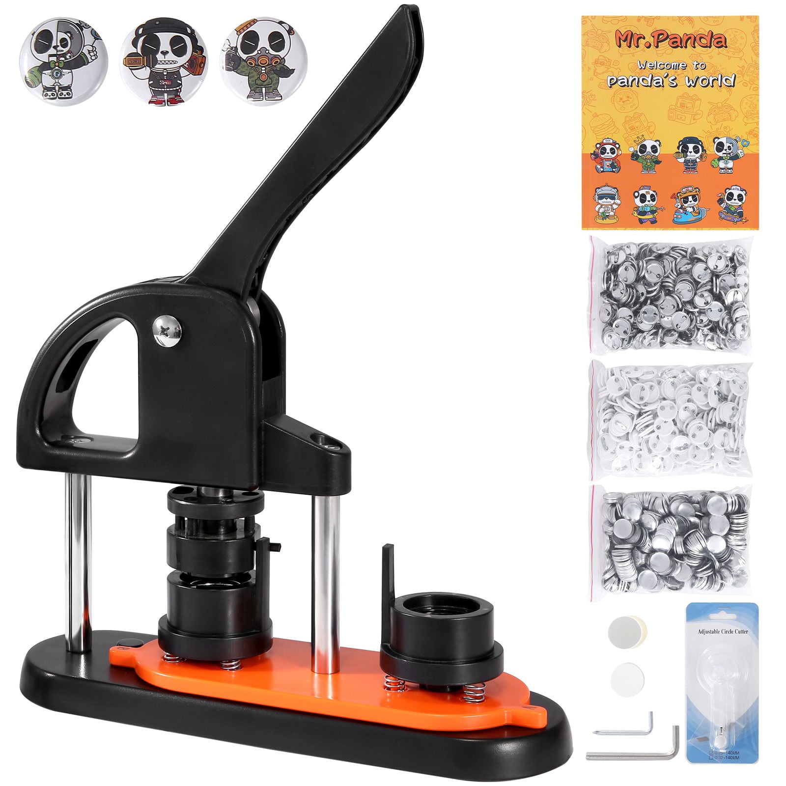 Button Maker Machine 1 Inch with Mr. Panda Design, 250pcs Button Parts, Ergonomic Handle, Circle Cutter, for DIY Badges Pins