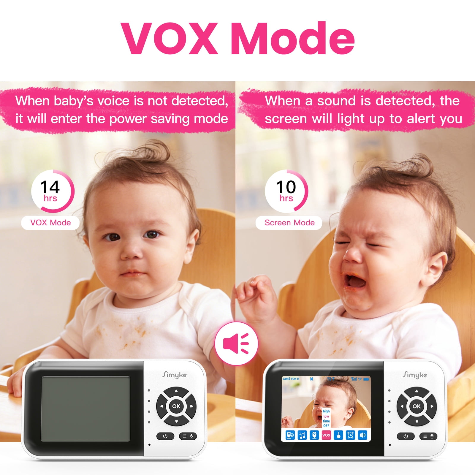 Simyke Smart Video Baby Monitor, 2.8" Display & 1080p Camera, WiFi/No WiFi Modes, Cry Detection, 2-Way Talk, VOX, 2500mAh Battery, Family Sharing