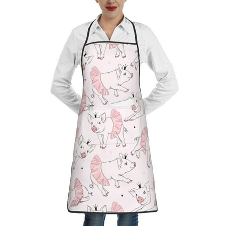 

Qekee Cute Piggy Ballerina Print Adjustable Bib Apron Resistant with Pocket Cooking Kitchen Aprons for Women Men Server Chef Apron