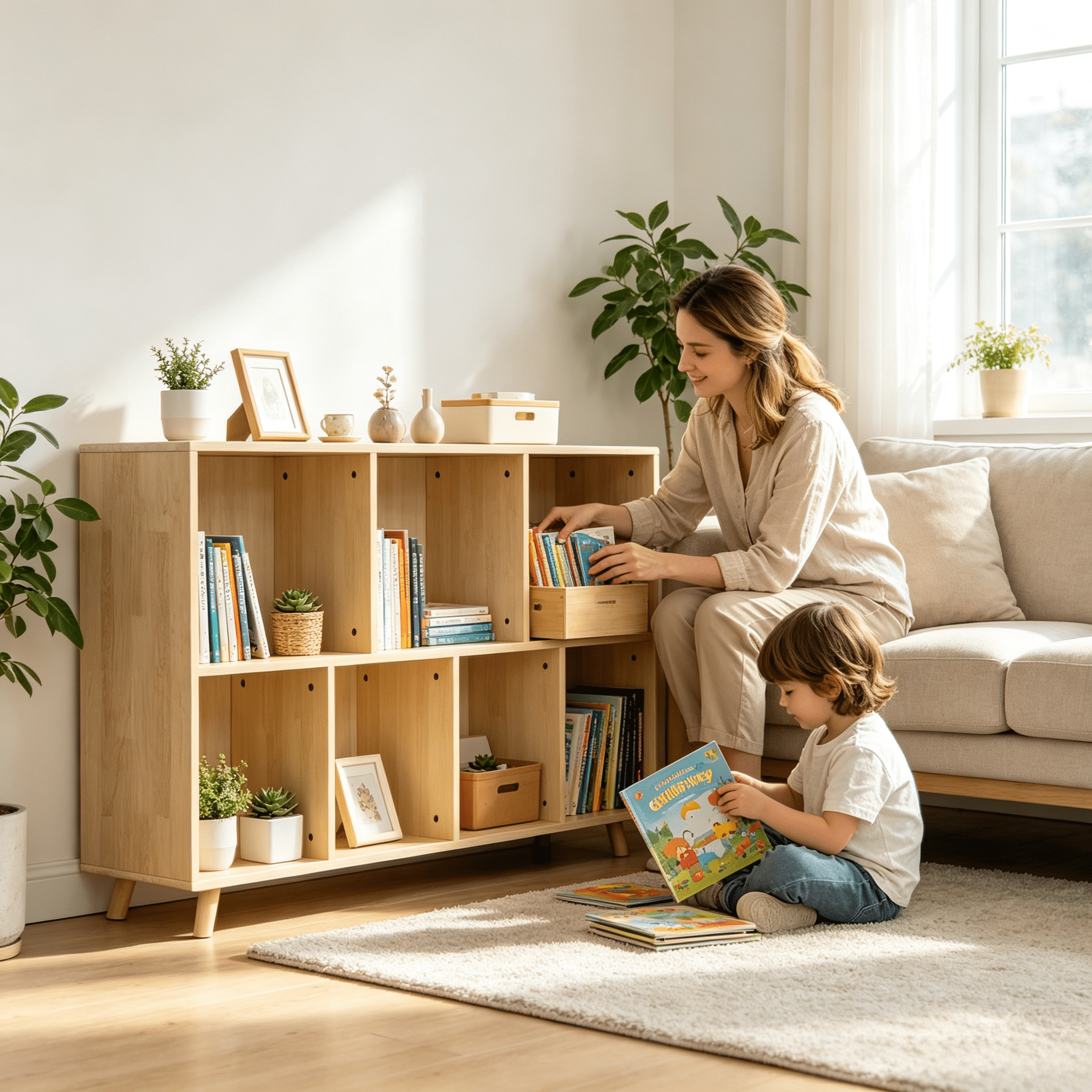 2-Tier 7 Cube Wooden Bookshelf Storage Organizer with Raised Legs, Open Bookcase with 3 Large & 4 Medium Cubes, Water Resistant Wood Shelf for Living Room Study Home Office
