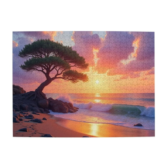 500 Pcs Sunset Beach Tree Jigsaw Puzzle For Adults Relaxing Coastal Scene Vibrant Colors Challenging Fun Activity Great Gift Idea Quality Pcss Toys for Men Women Elders Seniors Birthday Gift