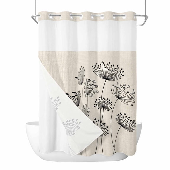 No Hook Farmhouse Dandelion Shower Curtain with Snap in Liner Set, Spring Modern Country Flower Black Beige Waterproof Bathroom Curtains with See Through Top Window, Extra Long 72 x 96 Inch