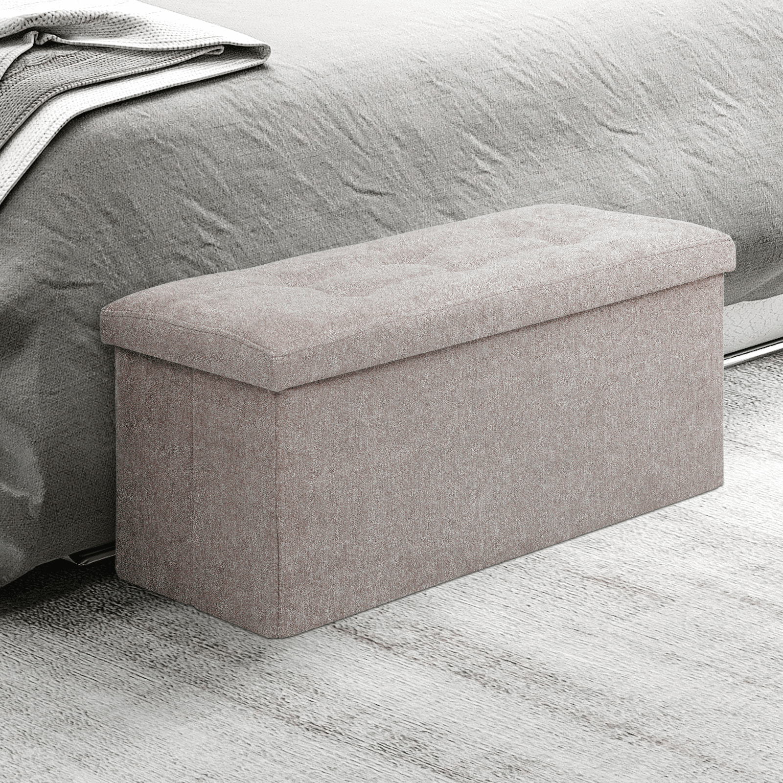 MoNiBloom 30" Folding Storage Ottoman Bench, Cotton-linen Collapsible Footrest Ottoman with Storage, for Living Room Bedroom Entryway, Sandy Beige