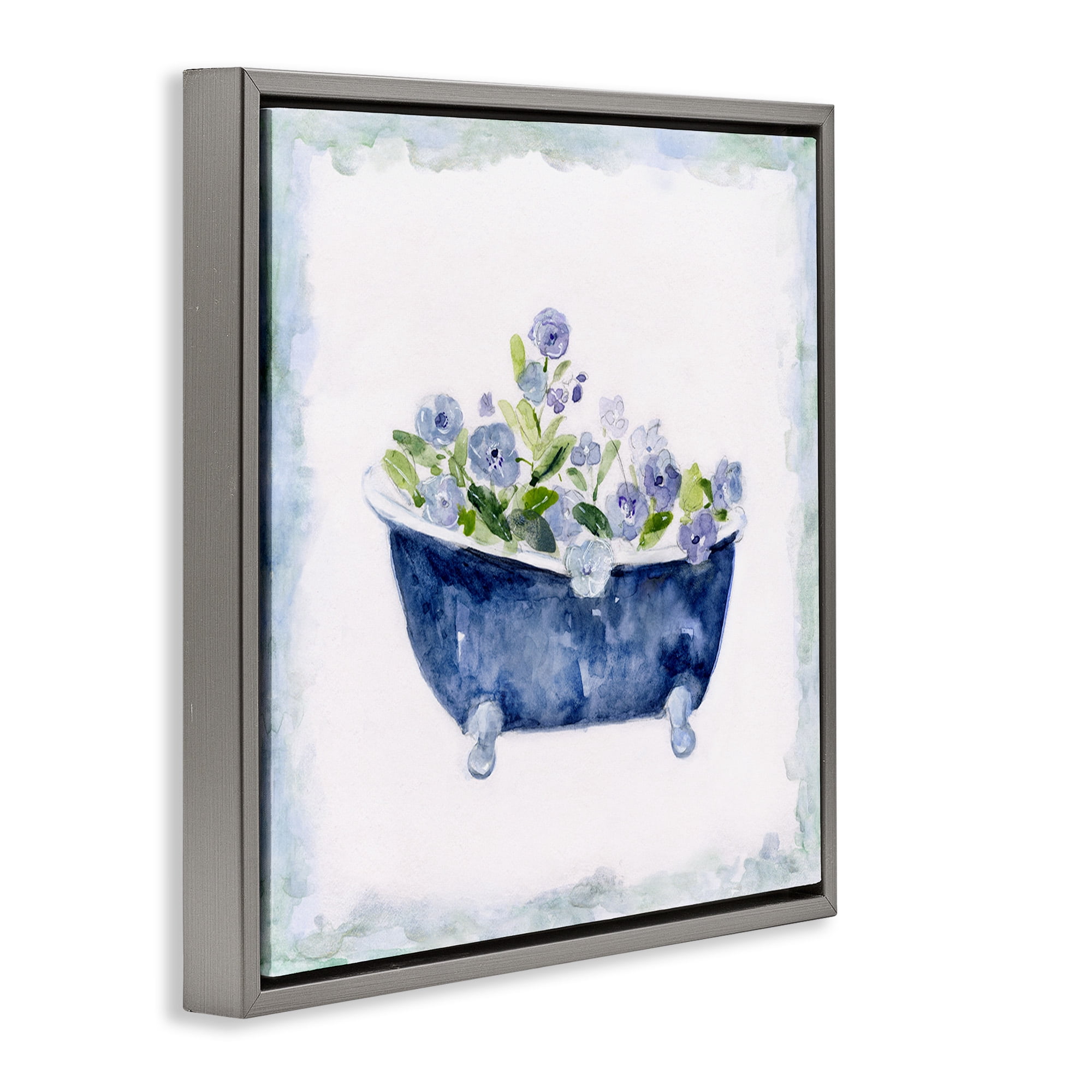 Stupell Industries Charming Blue Bathtub Florals Botanical & Floral Painting Gray Floater Framed Canvas Art Print Wall Art, 18 x 18