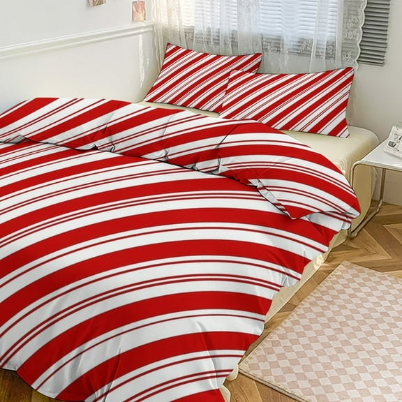 3 Pcs Soft Bedding Set, Includes 1 Duvet Cover with Zipper And 2 Pillow Shams,Red White Christmas Candy Cane Twin(86"x70")
