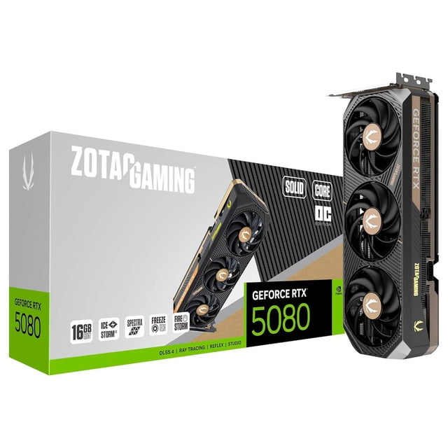 Tarjeta de Video ZOTAC GAMING Nvidia GeForce RTX 5080 SOLID CORE OC 16GB GDDR7 3 Fan DLSS 4 PCI Express 5.0 1801 AI TOPS 896 GB/s Ancho de Banda ZT-B50800J2-10A