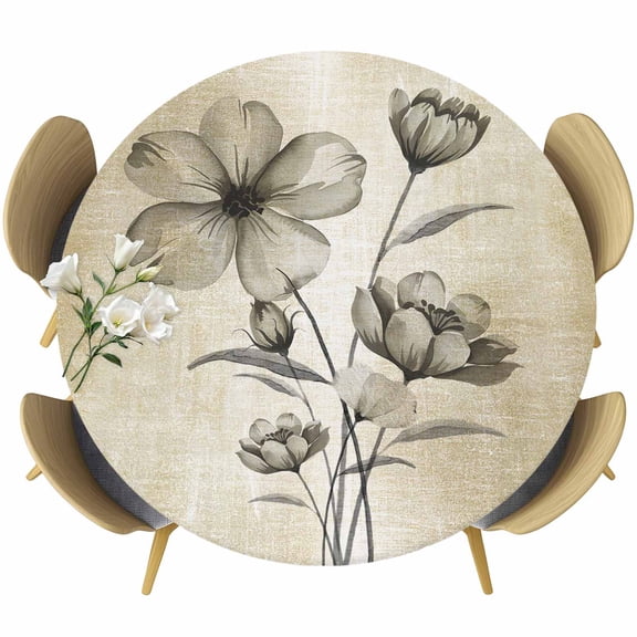 Yellow Beige Flower Fitted Tablecloth with Elastic Edged, Round Table Cloth for Dining Table, Farmhouse Shabby Chic Wildflower Waterproof Oil Proof Table Cover for Indoor Outdoor 55"-60"
