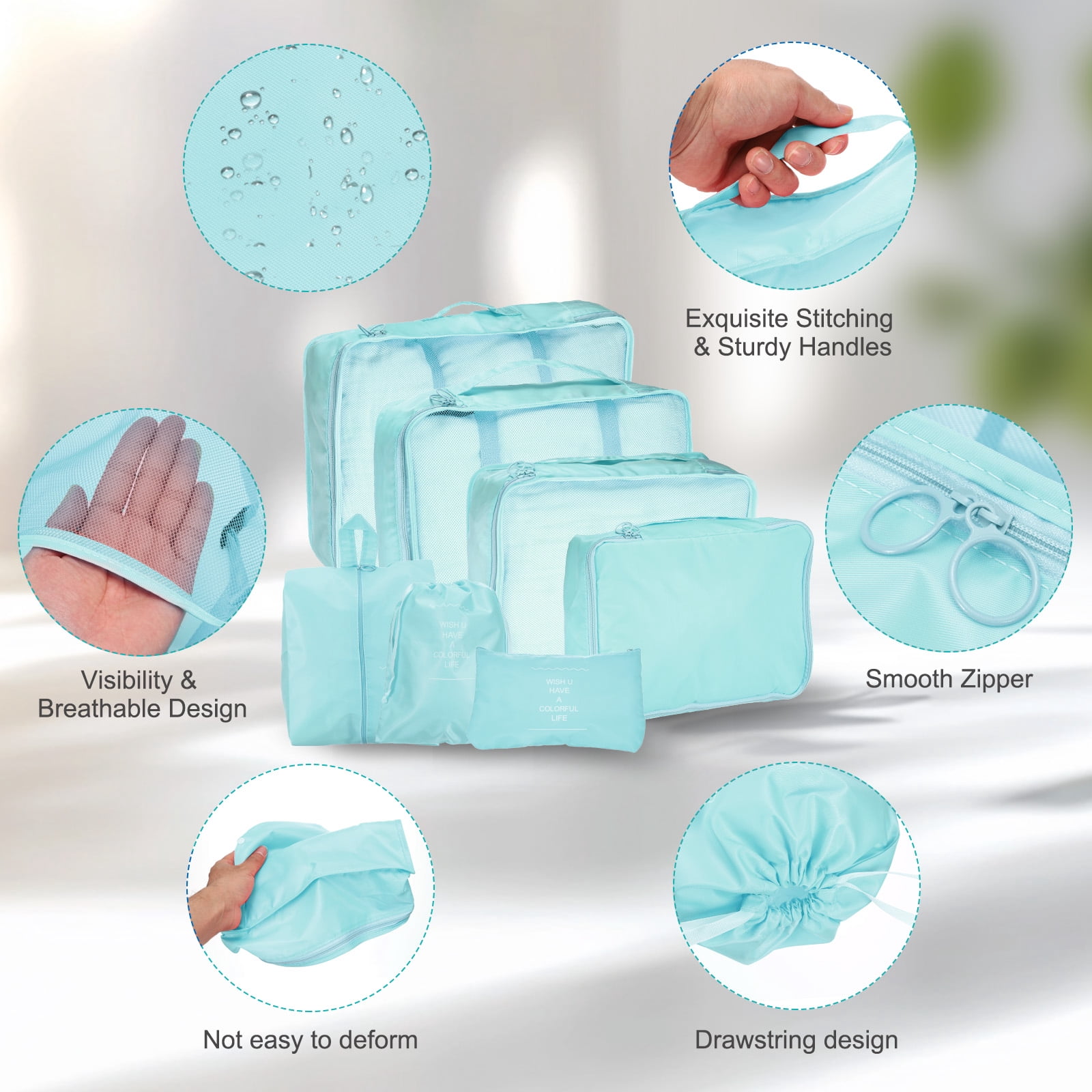 Uxcell 7Set Travel Packing Cube, Travel Bags Organizer Luggage Organizer Bags Lightweight Compression Cube Travel Essentials, Sky Blue